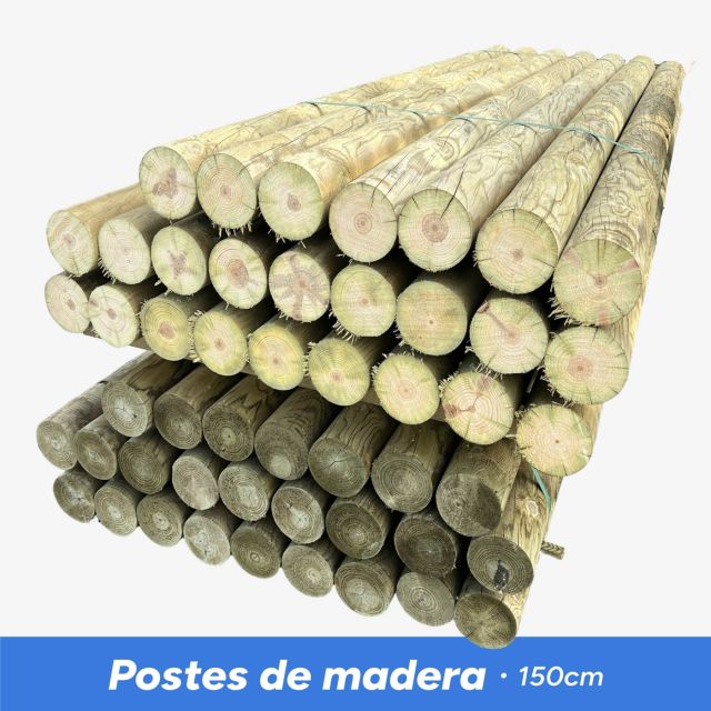Palet de postes de madera de 150 cm apilados, ideales para cercas, jardinería, agricultura